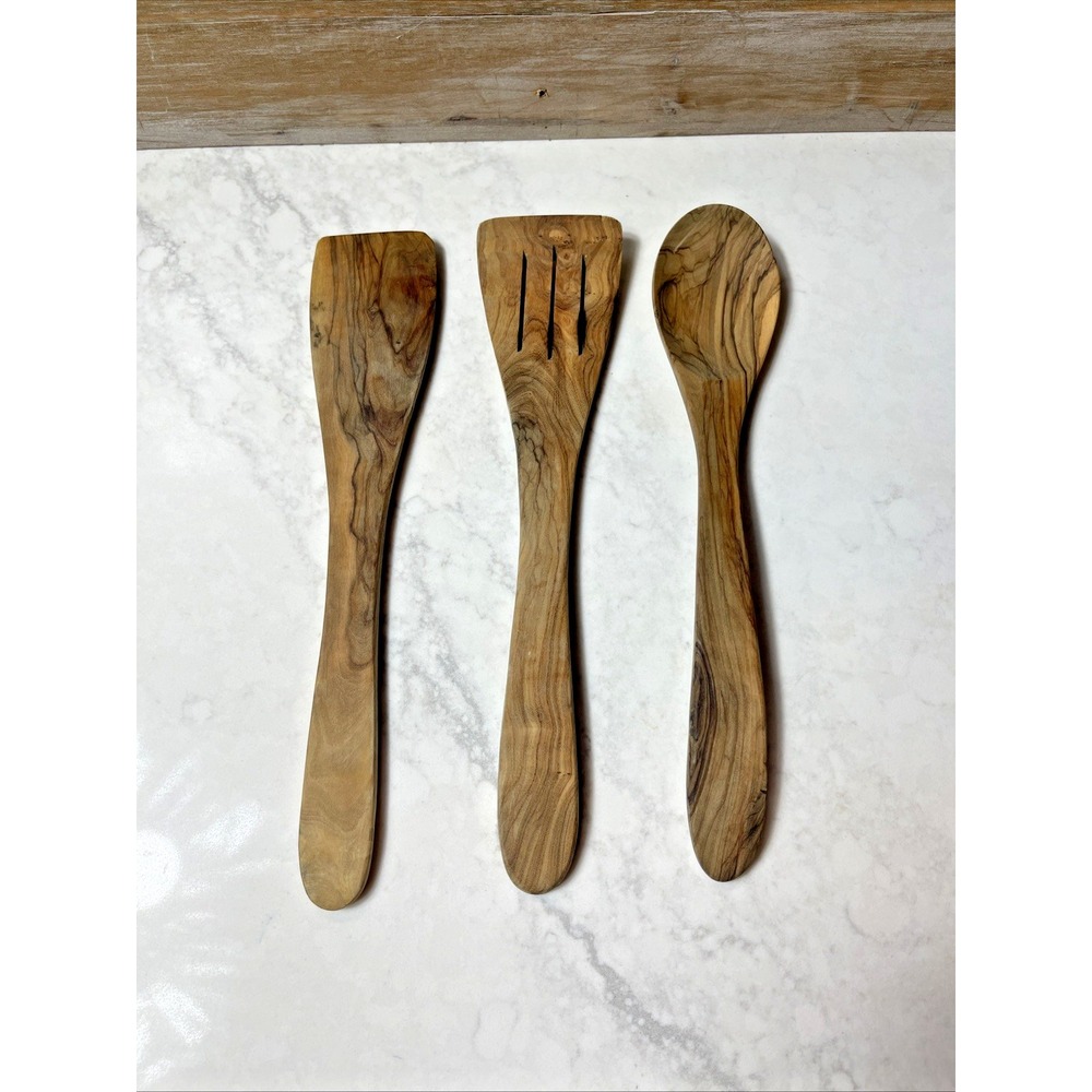 Mediterranean Olive Wood 3-Piece Handmade Cooking & Serving Utensils